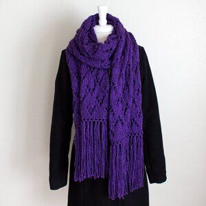 Hand Knit Boho Fringe Scarf for Women, Lace Knit Thick Soft Purple Scarf